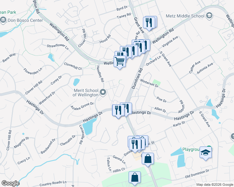 map of restaurants, bars, coffee shops, grocery stores, and more near 10258 Fountain Circle in Manassas