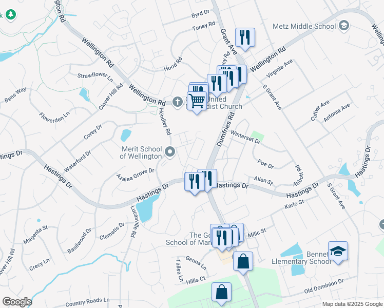 map of restaurants, bars, coffee shops, grocery stores, and more near 10258 Fountain Circle in Manassas