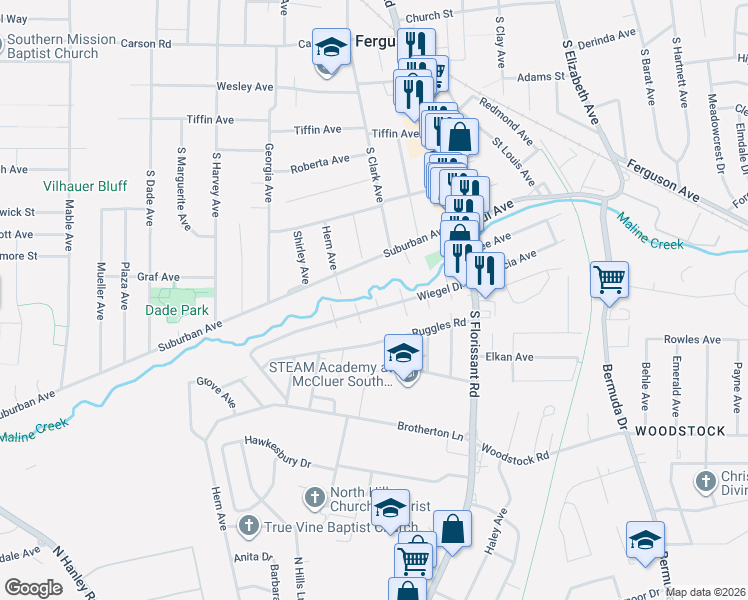 map of restaurants, bars, coffee shops, grocery stores, and more near 610 Flatly Drive in St. Louis