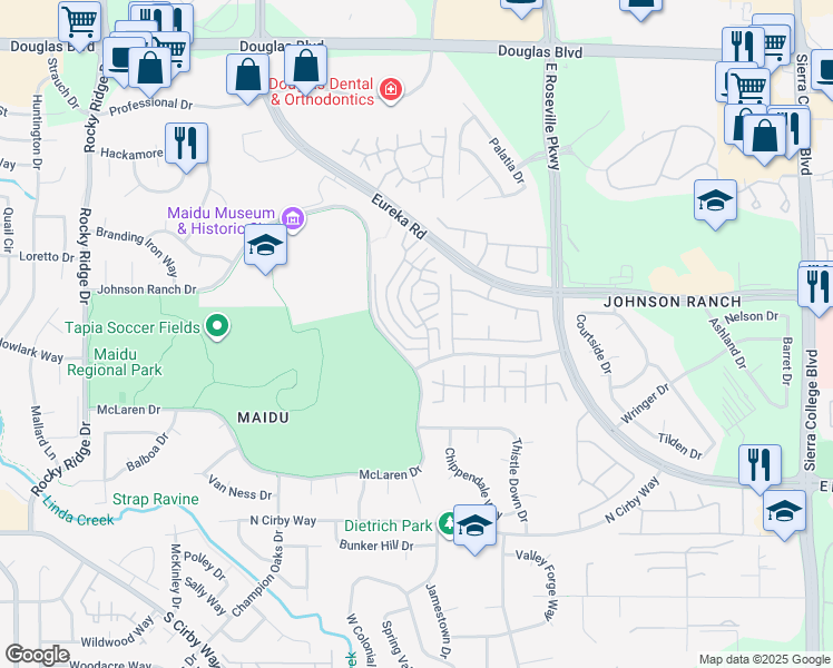 map of restaurants, bars, coffee shops, grocery stores, and more near 401 Staines Court in Roseville