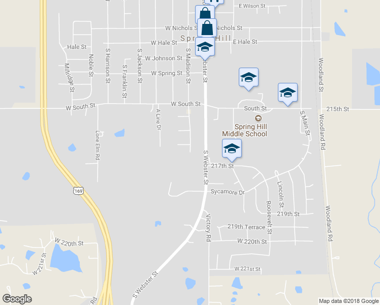 map of restaurants, bars, coffee shops, grocery stores, and more near South Madison Street in Spring Hill