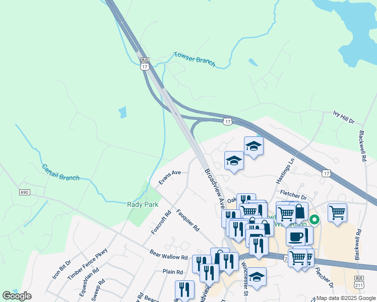 map of restaurants, bars, coffee shops, grocery stores, and more near 916 Broadview Avenue in Warrenton