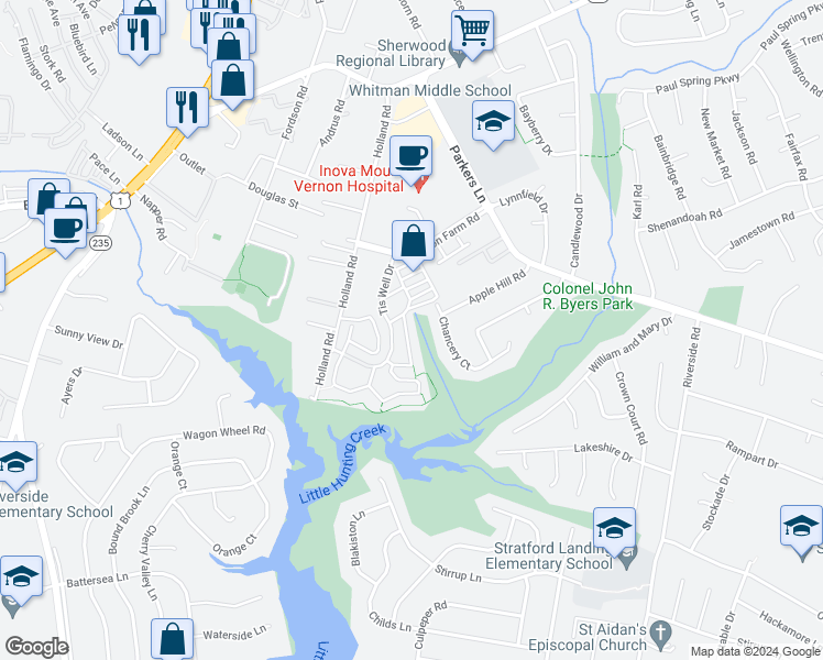 map of restaurants, bars, coffee shops, grocery stores, and more near 8211 Doctor Craik Court in Alexandria
