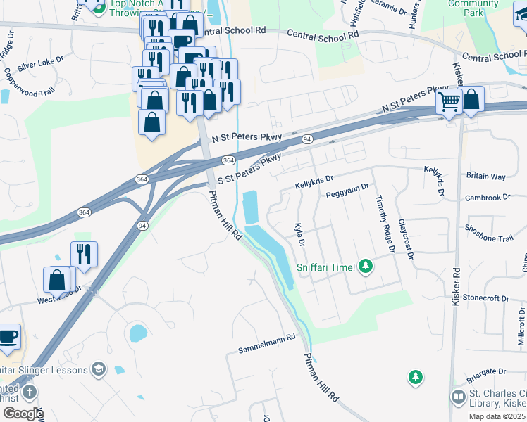 map of restaurants, bars, coffee shops, grocery stores, and more near 438 Shirleyridge Drive in Saint Charles