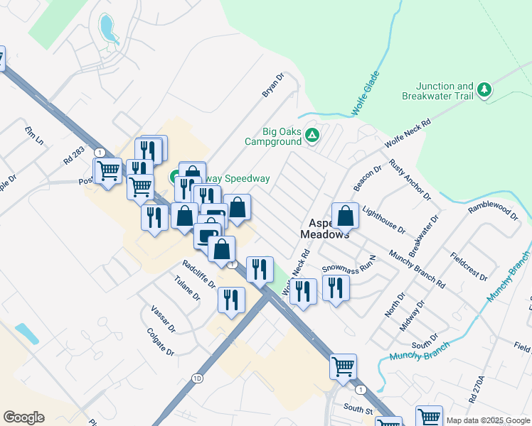map of restaurants, bars, coffee shops, grocery stores, and more near 21 Spinning Wheel Lane in Rehoboth Beach