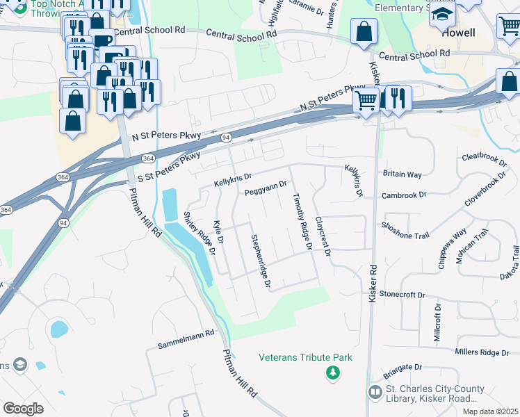 map of restaurants, bars, coffee shops, grocery stores, and more near 107 Christine Cay Court in Saint Charles
