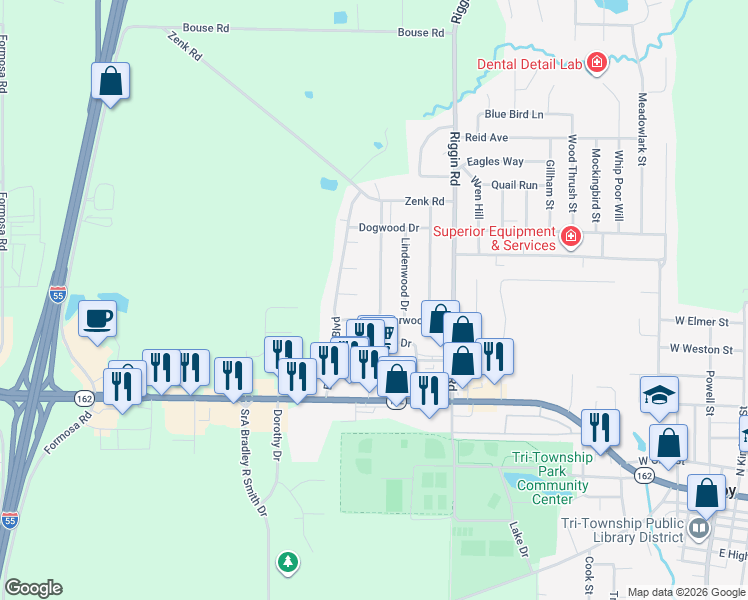 map of restaurants, bars, coffee shops, grocery stores, and more near 404 Red Bud Lane in Troy