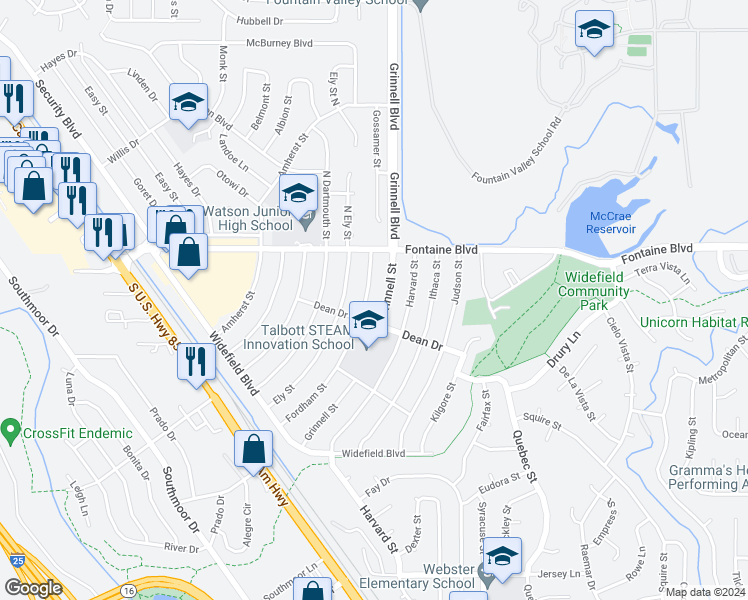 map of restaurants, bars, coffee shops, grocery stores, and more near 117 Fordham Street in Colorado Springs