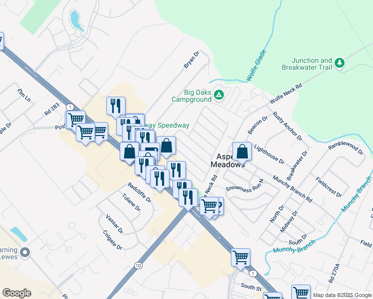 map of restaurants, bars, coffee shops, grocery stores, and more near 21 Spinning Wheel Lane in Rehoboth Beach