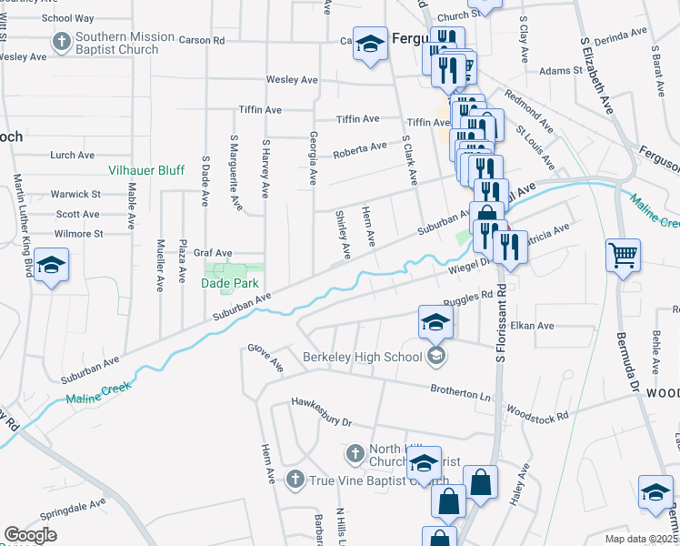 map of restaurants, bars, coffee shops, grocery stores, and more near in Ferguson