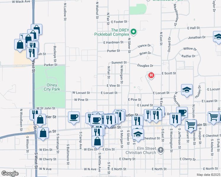 map of restaurants, bars, coffee shops, grocery stores, and more near 200-298 East Vine Street in Olney