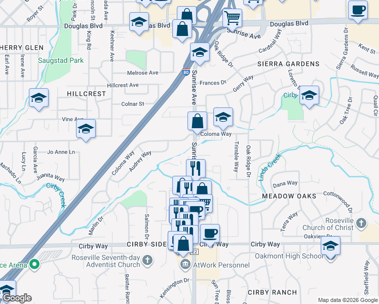 map of restaurants, bars, coffee shops, grocery stores, and more near in Roseville