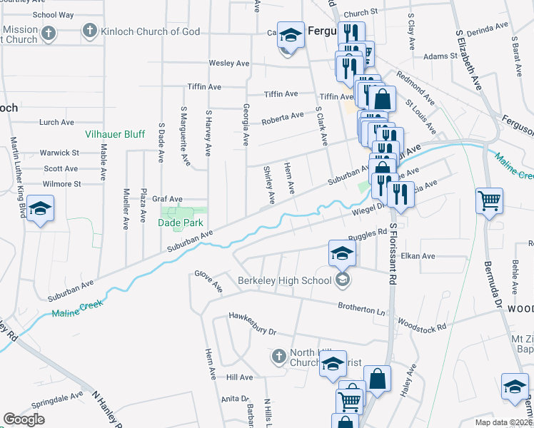map of restaurants, bars, coffee shops, grocery stores, and more near in Ferguson