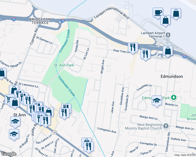 map of restaurants, bars, coffee shops, grocery stores, and more near 4131 Wright Avenue in Saint Ann