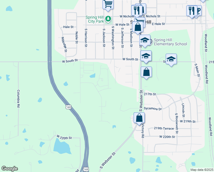 map of restaurants, bars, coffee shops, grocery stores, and more near 803 A-Line Drive in Spring Hill