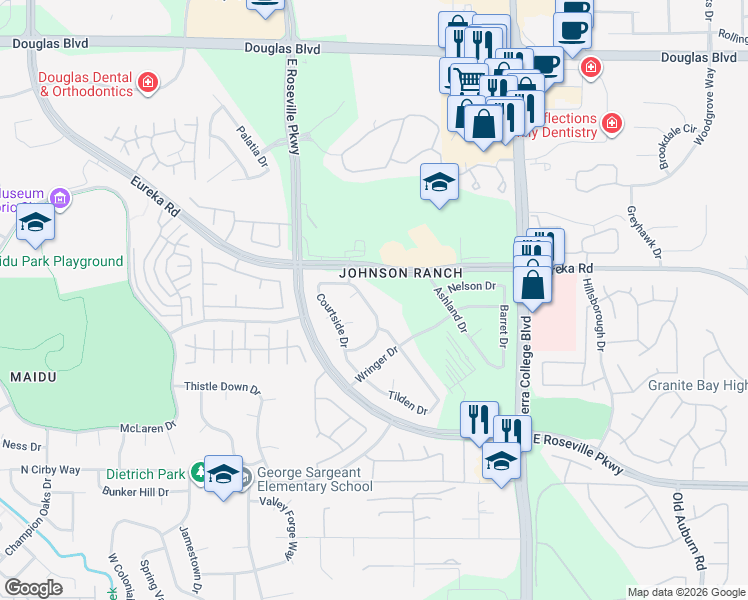 map of restaurants, bars, coffee shops, grocery stores, and more near 3040 Courtside Drive in Roseville