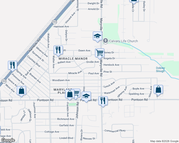 map of restaurants, bars, coffee shops, grocery stores, and more near 2312 Miracle Avenue in Granite City
