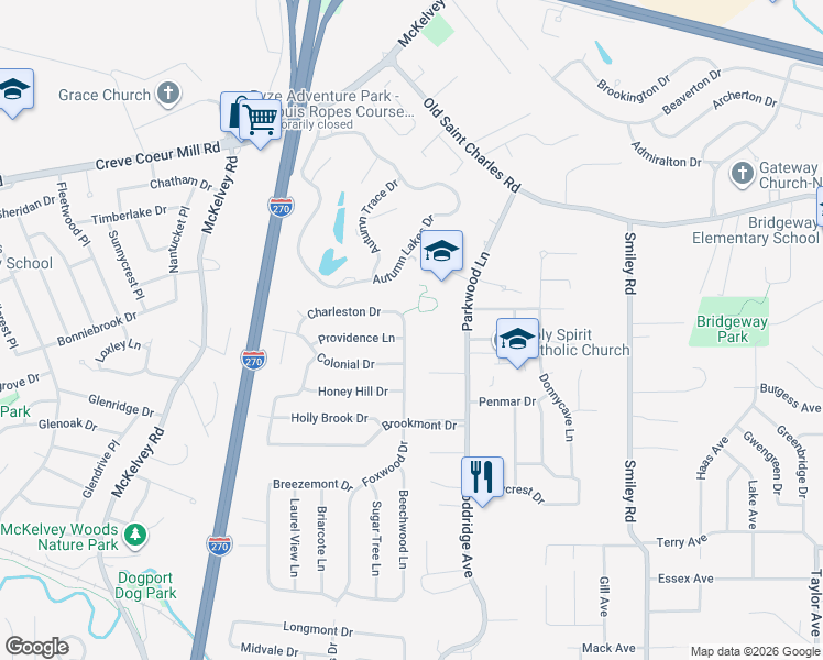 map of restaurants, bars, coffee shops, grocery stores, and more near 2990 Foxwood Drive in Maryland Heights