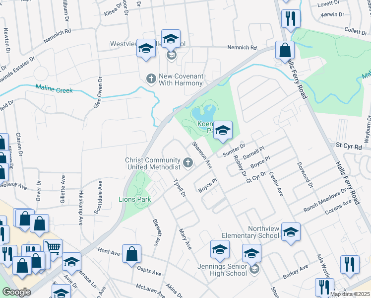 map of restaurants, bars, coffee shops, grocery stores, and more near 2650 Eltarose Drive in St. Louis