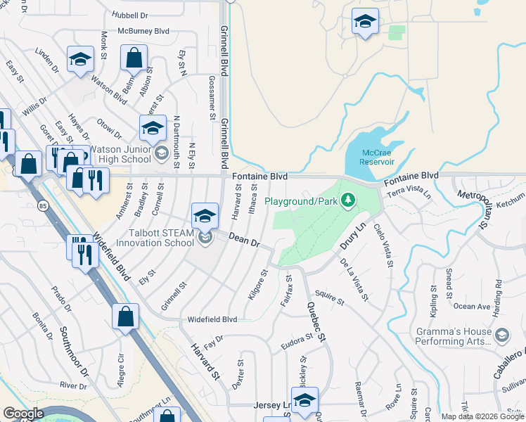 map of restaurants, bars, coffee shops, grocery stores, and more near 110 Judson Street in Colorado Springs