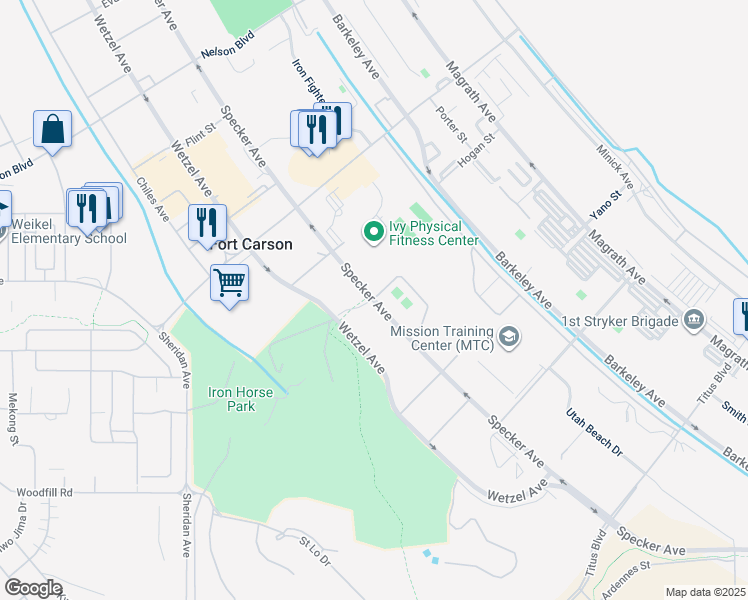 map of restaurants, bars, coffee shops, grocery stores, and more near Specker Avenue in Fort Carson