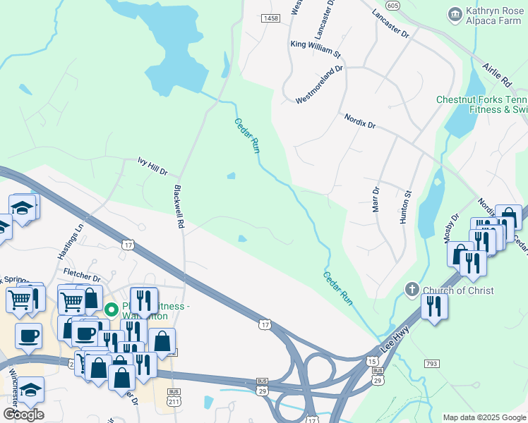 map of restaurants, bars, coffee shops, grocery stores, and more near 6535 Hidden Hollow Lane in Warrenton