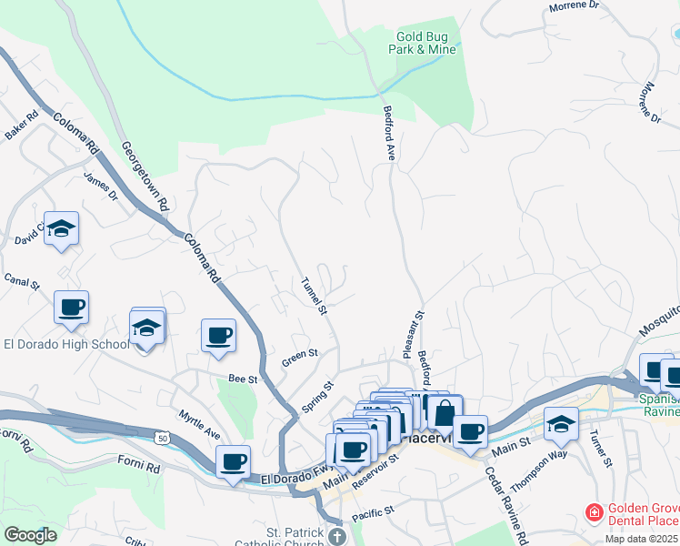 map of restaurants, bars, coffee shops, grocery stores, and more near 958 Woodpecker Court in Placerville