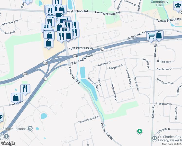 map of restaurants, bars, coffee shops, grocery stores, and more near 234 Shirleyridge Drive in Saint Charles