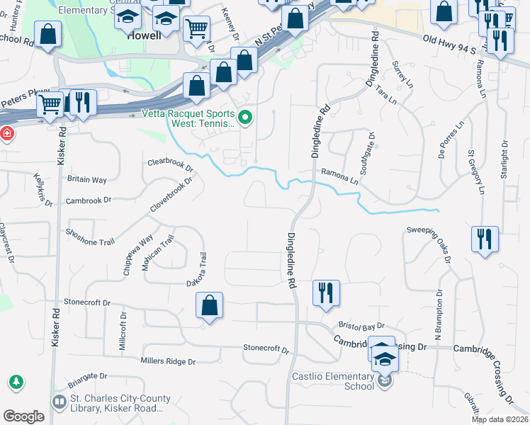 map of restaurants, bars, coffee shops, grocery stores, and more near 1320 Pine Bluff Drive in Saint Charles