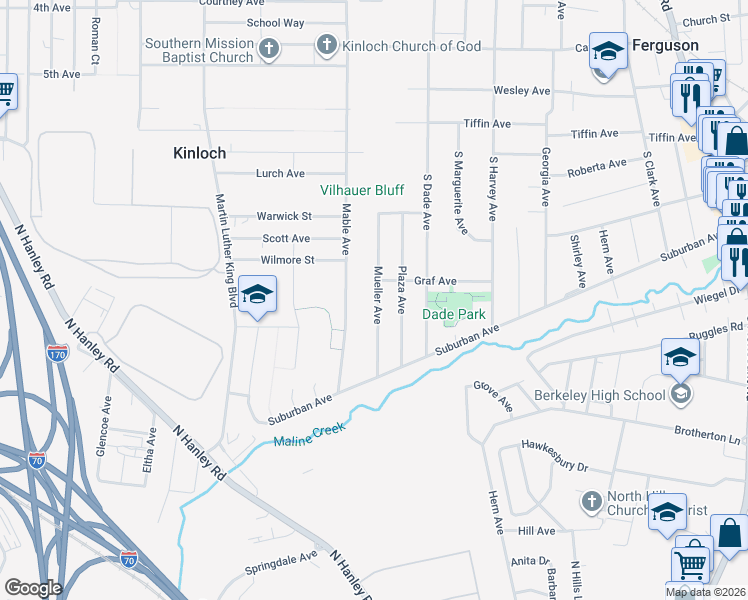 map of restaurants, bars, coffee shops, grocery stores, and more near 417 Mueller Avenue in Ferguson