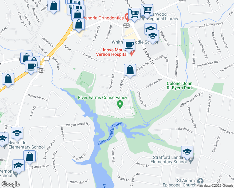 map of restaurants, bars, coffee shops, grocery stores, and more near 8204 Cedar Landing Court in Alexandria