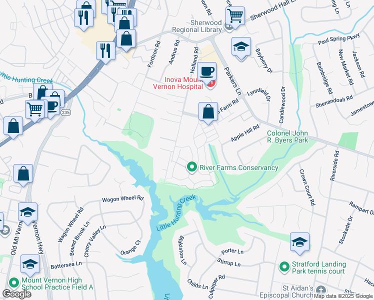 map of restaurants, bars, coffee shops, grocery stores, and more near 8204 Cedar Landing Court in Alexandria