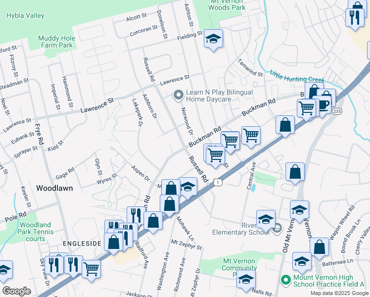 map of restaurants, bars, coffee shops, grocery stores, and more near Buckman Rd & Russell Rd in Mt Vernon