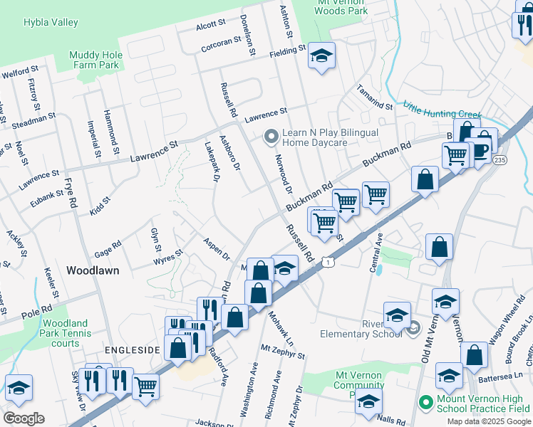 map of restaurants, bars, coffee shops, grocery stores, and more near 8225 McClelland Place in Alexandria