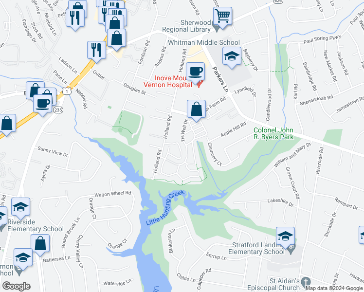 map of restaurants, bars, coffee shops, grocery stores, and more near 8207 Cedar Landing Court in Alexandria