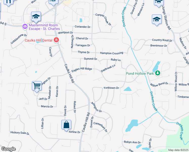 map of restaurants, bars, coffee shops, grocery stores, and more near 44 South Weston Court in Saint Charles
