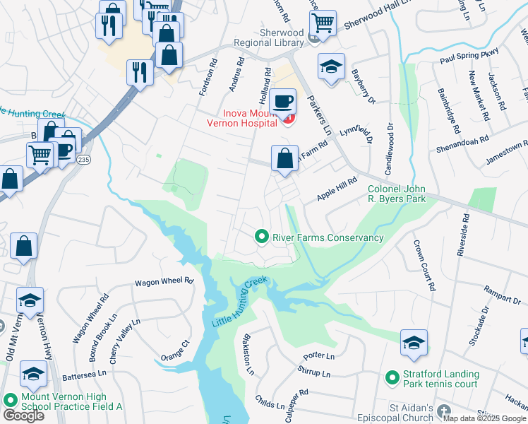 map of restaurants, bars, coffee shops, grocery stores, and more near 8207 Cedar Landing Court in Alexandria