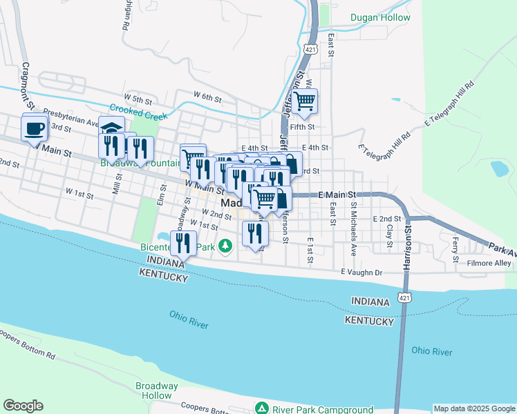 map of restaurants, bars, coffee shops, grocery stores, and more near 208 East Main Street in Madison