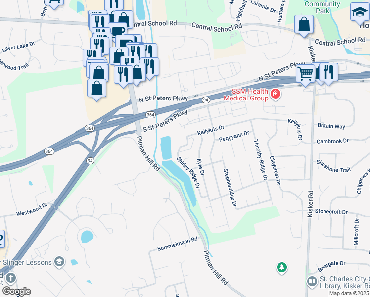 map of restaurants, bars, coffee shops, grocery stores, and more near 127 Shirleyridge Drive in Saint Charles