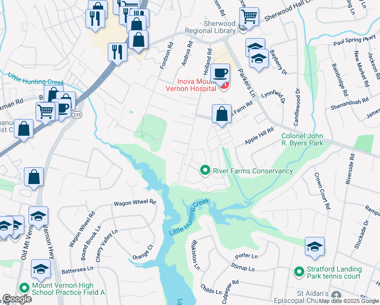 map of restaurants, bars, coffee shops, grocery stores, and more near 8212 La Faye Court in Alexandria