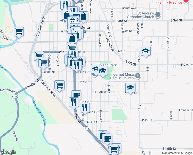 map of restaurants, bars, coffee shops, grocery stores, and more near 822 Grand Avenue in Delta