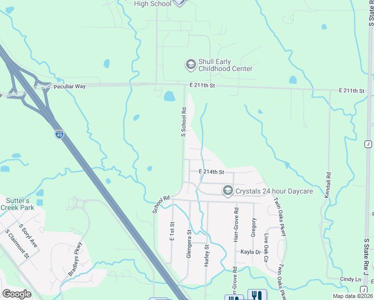 map of restaurants, bars, coffee shops, grocery stores, and more near 11900 East 213th Court in Peculiar