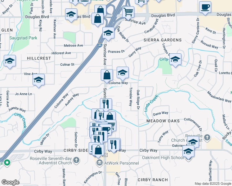 map of restaurants, bars, coffee shops, grocery stores, and more near 707 Sunrise Avenue in Roseville