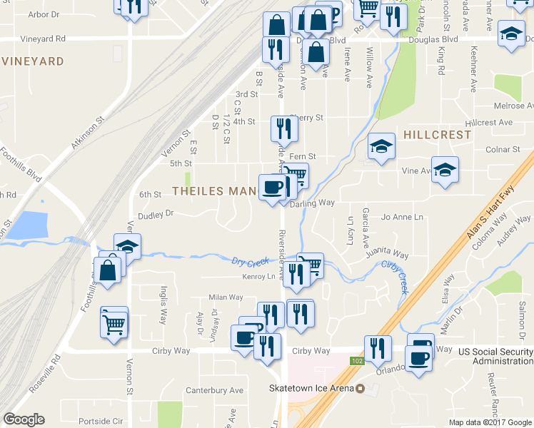 map of restaurants, bars, coffee shops, grocery stores, and more near 50 Darling Way in Roseville