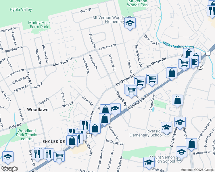 map of restaurants, bars, coffee shops, grocery stores, and more near 8223 McClelland Place in Alexandria