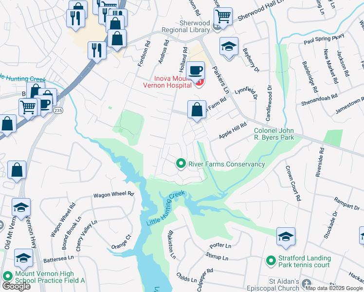 map of restaurants, bars, coffee shops, grocery stores, and more near 8205 Cedar Landing Court in Alexandria