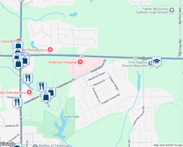 map of restaurants, bars, coffee shops, grocery stores, and more near 2218 Vadalabene Drive in Maryville