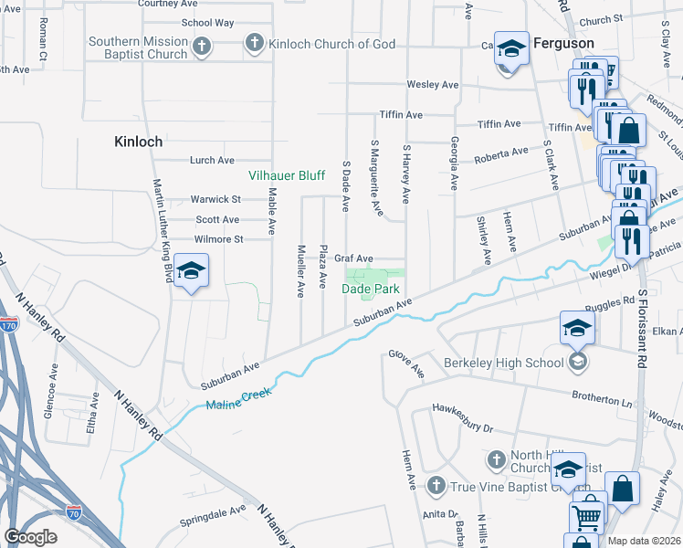 map of restaurants, bars, coffee shops, grocery stores, and more near 413 South Dade Avenue in Ferguson