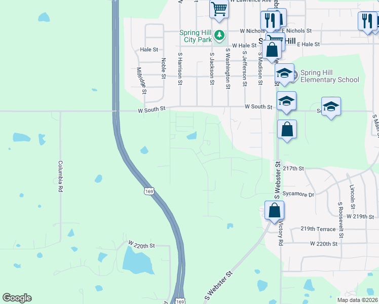 map of restaurants, bars, coffee shops, grocery stores, and more near 21301 West 216th Street in Spring Hill