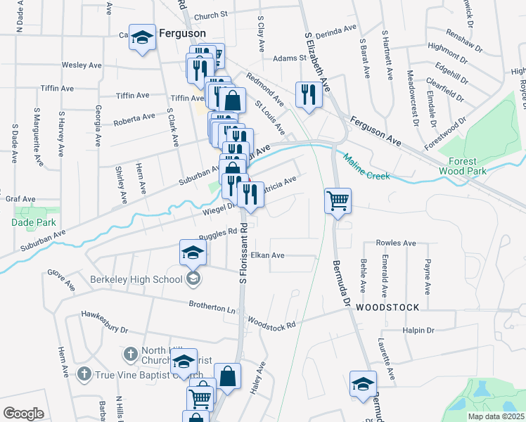 map of restaurants, bars, coffee shops, grocery stores, and more near 26 Arbor Village Court in Ferguson